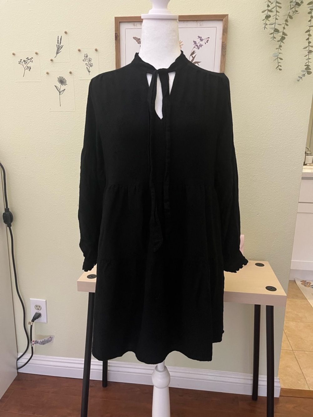 ZARA Wool Blend Black Swiss Dot Tiered Mini Dress Tie Neck Long Sleeve